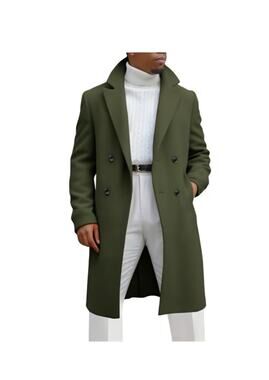 Runcati Mens Trench Coat XL Double Breasted Mid Long Peacoat Army Green